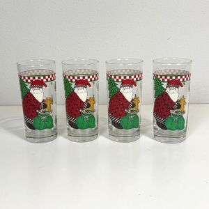4 Vintage Debbie Mumm Christmas Woodland Santa Glass Cups